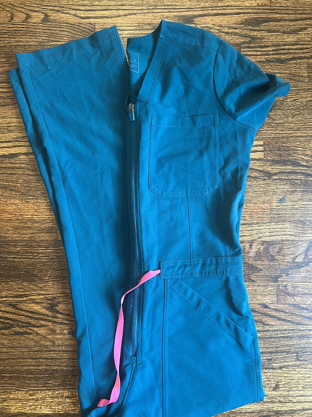 Figs Women's Teal Zip-Front Scrub Jumpsuit with Pink Drawstring